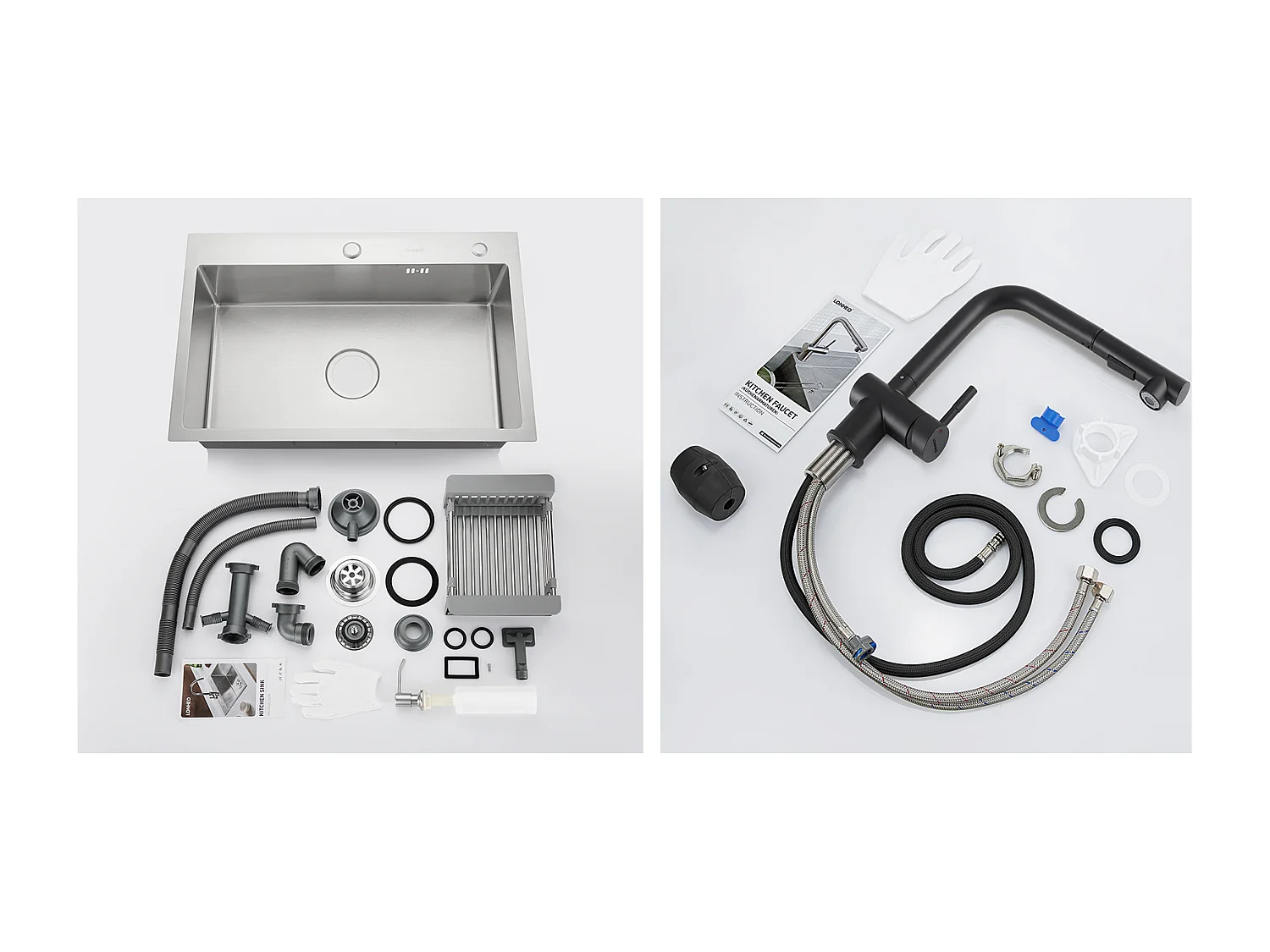 Fregadero Cocina Cepillado 68x45x19CM con Distributor Jabón Escurridor Cesta+Mezclador Cocina de Acero Inoxidable Plegable Girante 360°,Negro