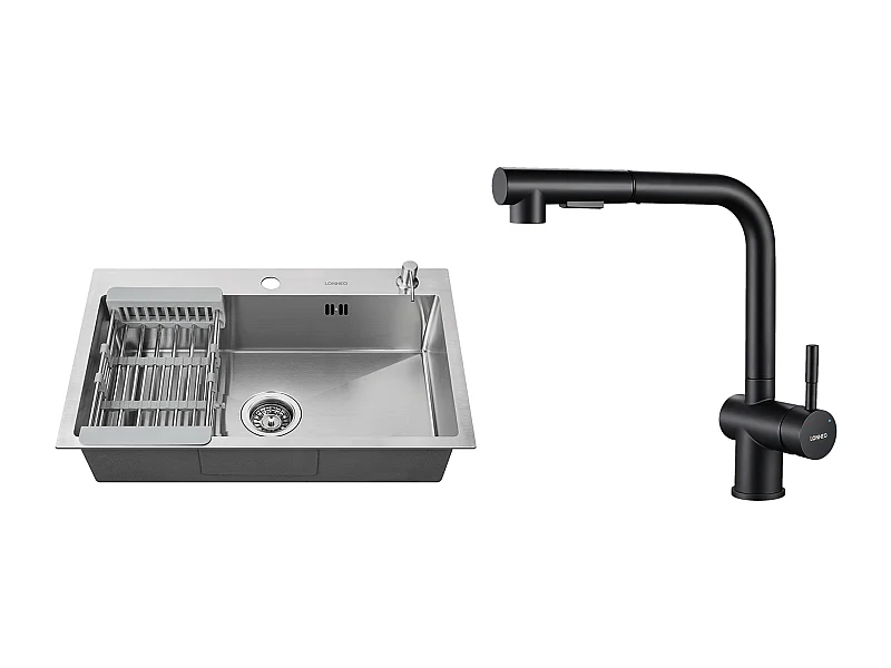 2 en1 Évier Cuisine Brossé 68x45x19CM avec Distrubuteur savon Égouttoir Panier+Mitigeur Cuisine en Acier Inox Rabattable Pivotant à 360°,Noir