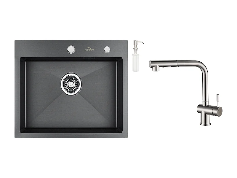 Évier Cuisine 1 Bac 55*45CM Noir+Robinet Cuisine Douchette Extractible Deux Jets Pivotant 360° 