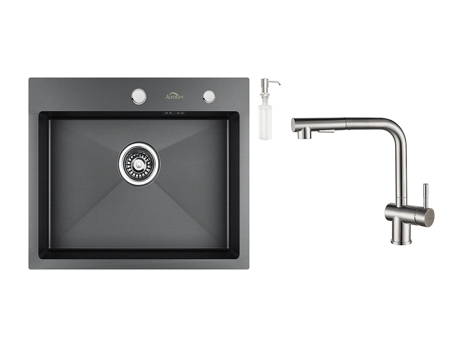 Évier Cuisine 1 Bac 55*45CM Noir+Robinet Cuisine Douchette Extractible Deux Jets Pivotant 360° 