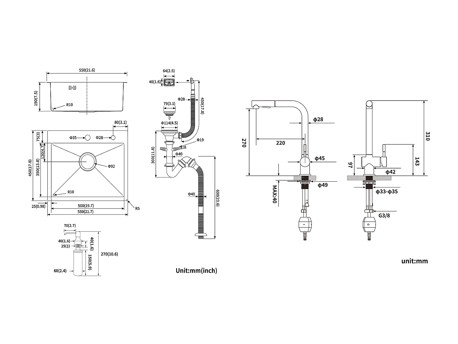 Évier Cuisine 1 Bac 55*45CM Noir+Robinet Cuisine Douchette Extractible Deux Jets Pivotant 360° 