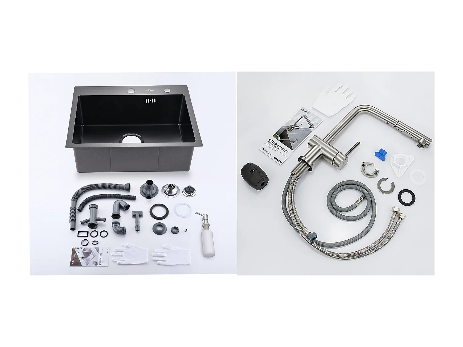 Évier Cuisine 1 Bac 55*45CM Noir+Robinet Cuisine Douchette Extractible Deux Jets Pivotant 360° 