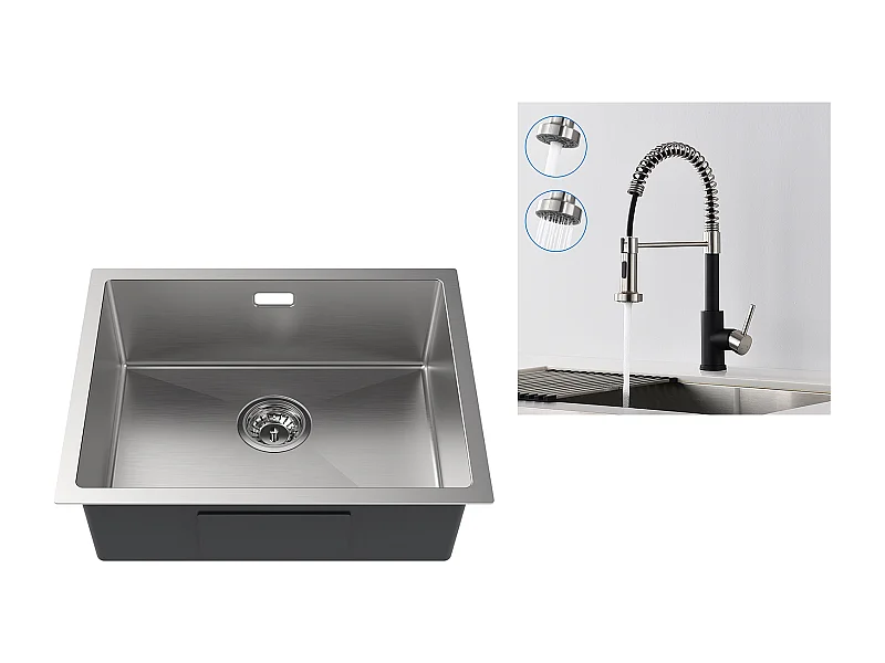 2 in1 Aanrecht 1 Bak 55*44*19CM, Inbouw/Bloem/Ondergrond, Geborsteld+Veren Keukenkraan met Uitschuifbare Handdouche,2 Modi,Zwart