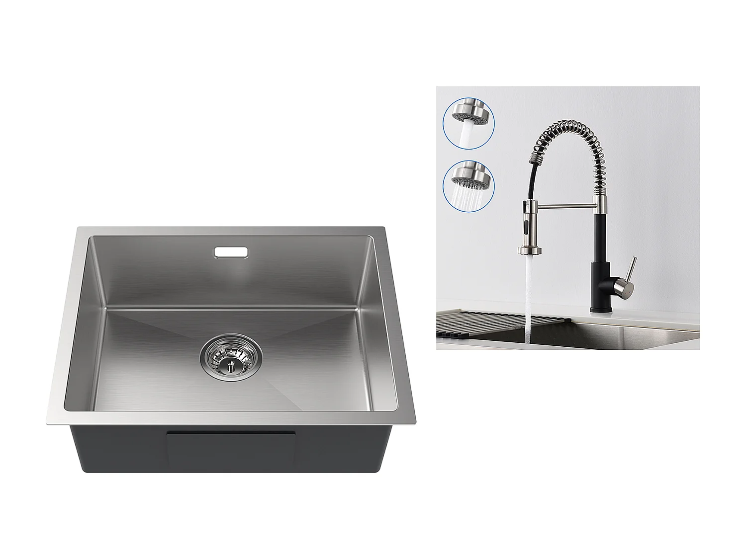 2 en1 Évier de Cuisine 1 Bac 55*44*19CM, à Encastrer/Fleur/ Sous-Plan, Brossé+Robinet Cuisine Ressort avec Douchette Extensible,2 Modes,Noir