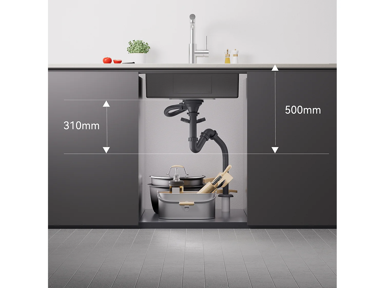 2 en1 Évier de Cuisine 1 Bac 55*44*19CM, à Encastrer/Fleur/ Sous-Plan, Brossé+Robinet Cuisine Ressort avec Douchette Extensible,2 Modes,Noir