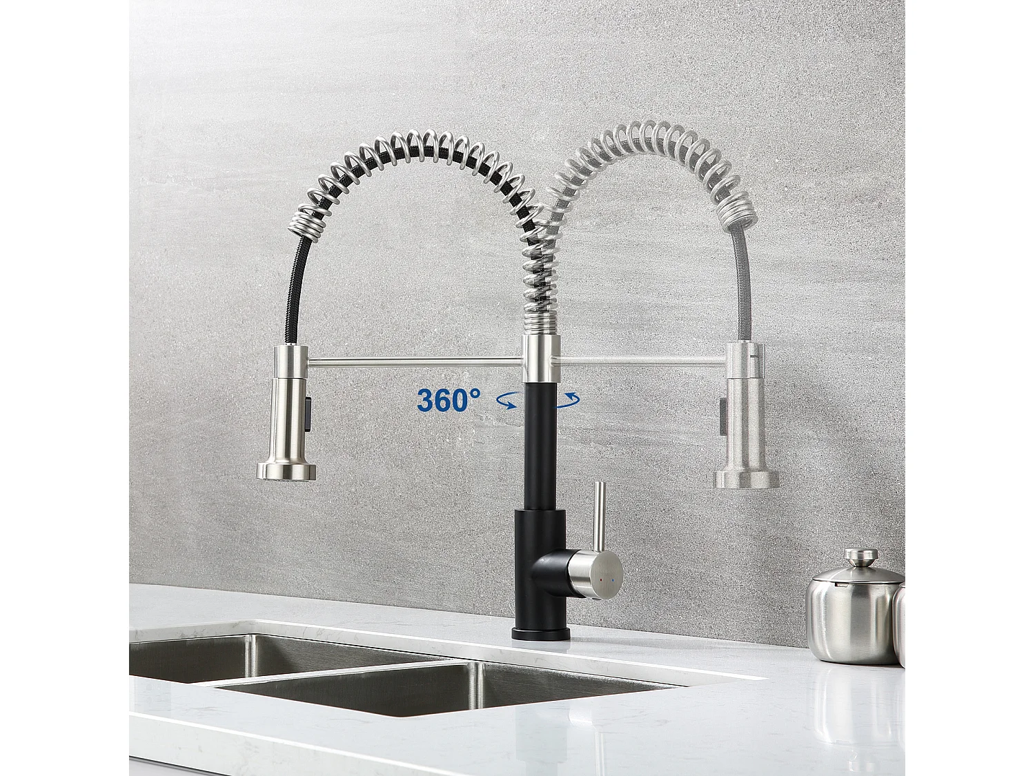 2 en1 Évier de Cuisine 1 Bac 55*44*19CM, à Encastrer/Fleur/ Sous-Plan, Brossé+Robinet Cuisine Ressort avec Douchette Extensible,2 Modes,Noir