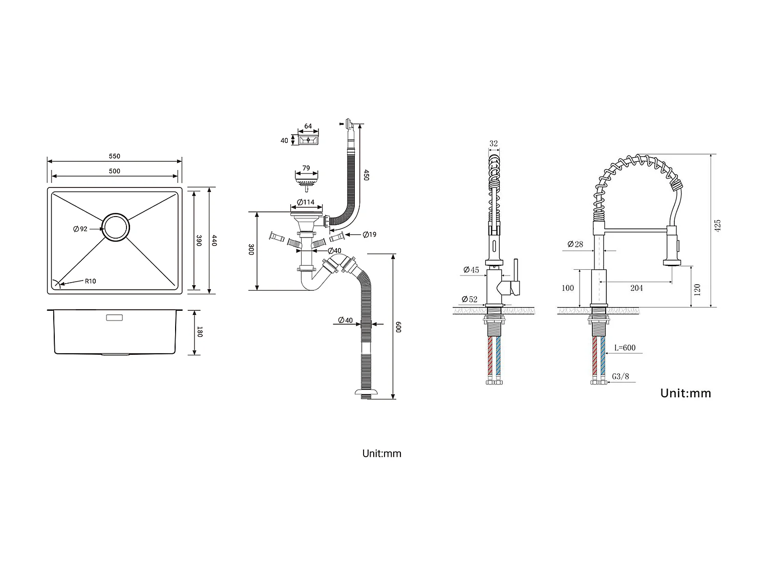 2 en1 Évier de Cuisine 1 Bac 55*44*19CM, à Encastrer/Fleur/ Sous-Plan, Brossé+Robinet Cuisine Ressort avec Douchette Extensible,2 Modes,Noir