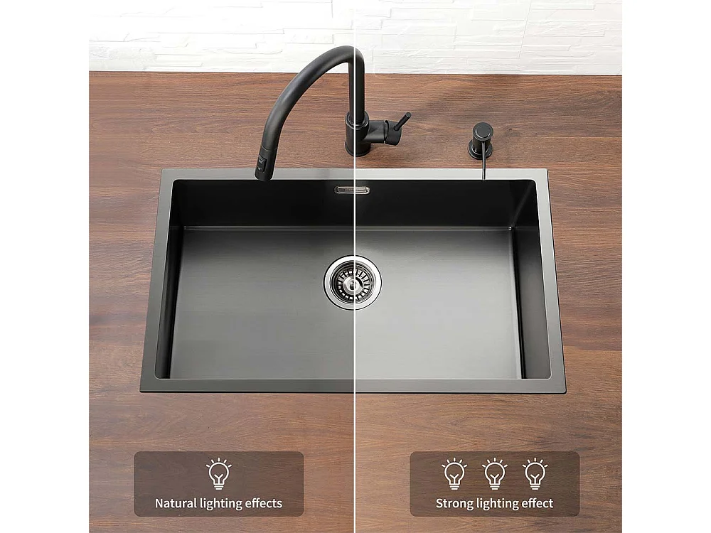 Évier Cuisine 1 Bac 74*44*20CM,Inox Brossé avec Siphon et Trop-Plein+Robinet Cuisine,Orientable 360°,Eau Chaude/Froide,Noir