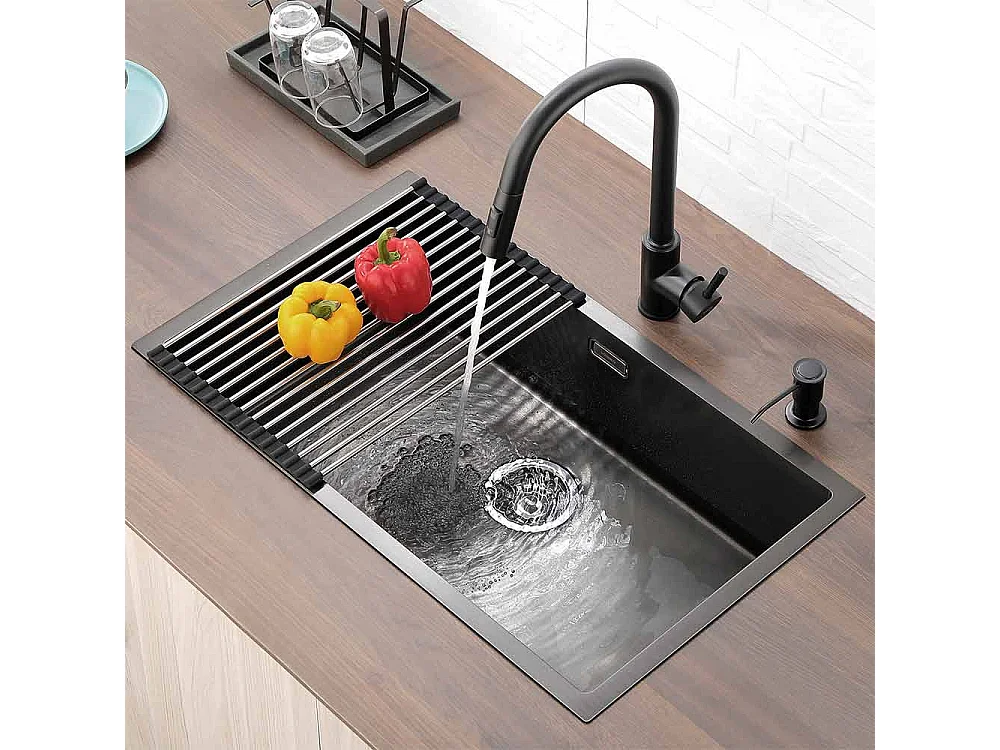 Évier Cuisine 1 Bac 74*44*20CM,Inox Brossé avec Siphon et Trop-Plein+Robinet Cuisine,Orientable 360°,Eau Chaude/Froide,Noir