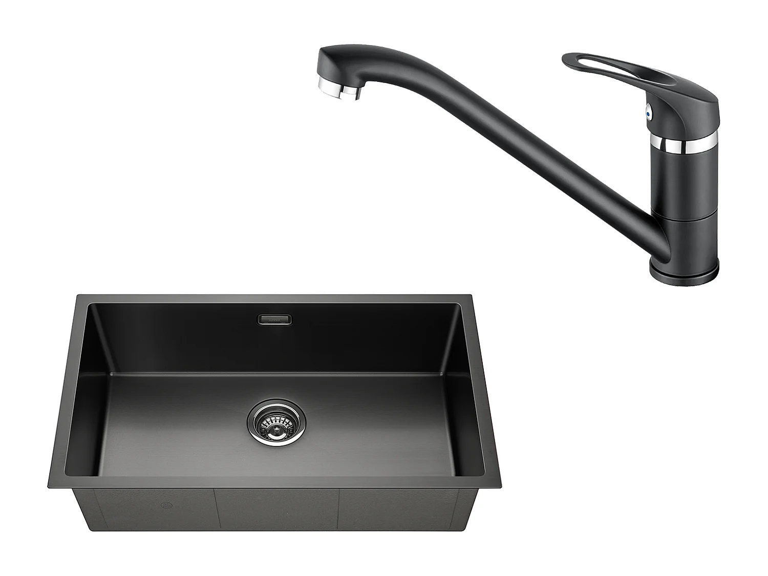 Évier Cuisine 1 Bac 74*44*20CM,Inox Brossé avec Siphon et Trop-Plein+Robinet Cuisine,Orientable 360°,Eau Chaude/Froide,Noir