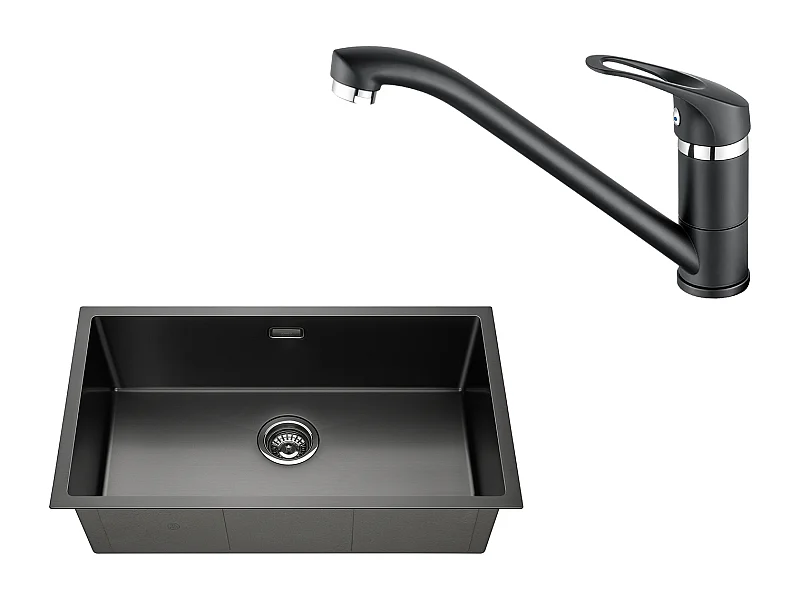 Évier Cuisine 1 Bac 74*44*20CM,Inox Brossé avec Siphon et Trop-Plein+Robinet Cuisine,Orientable 360°,Eau Chaude/Froide,Noir