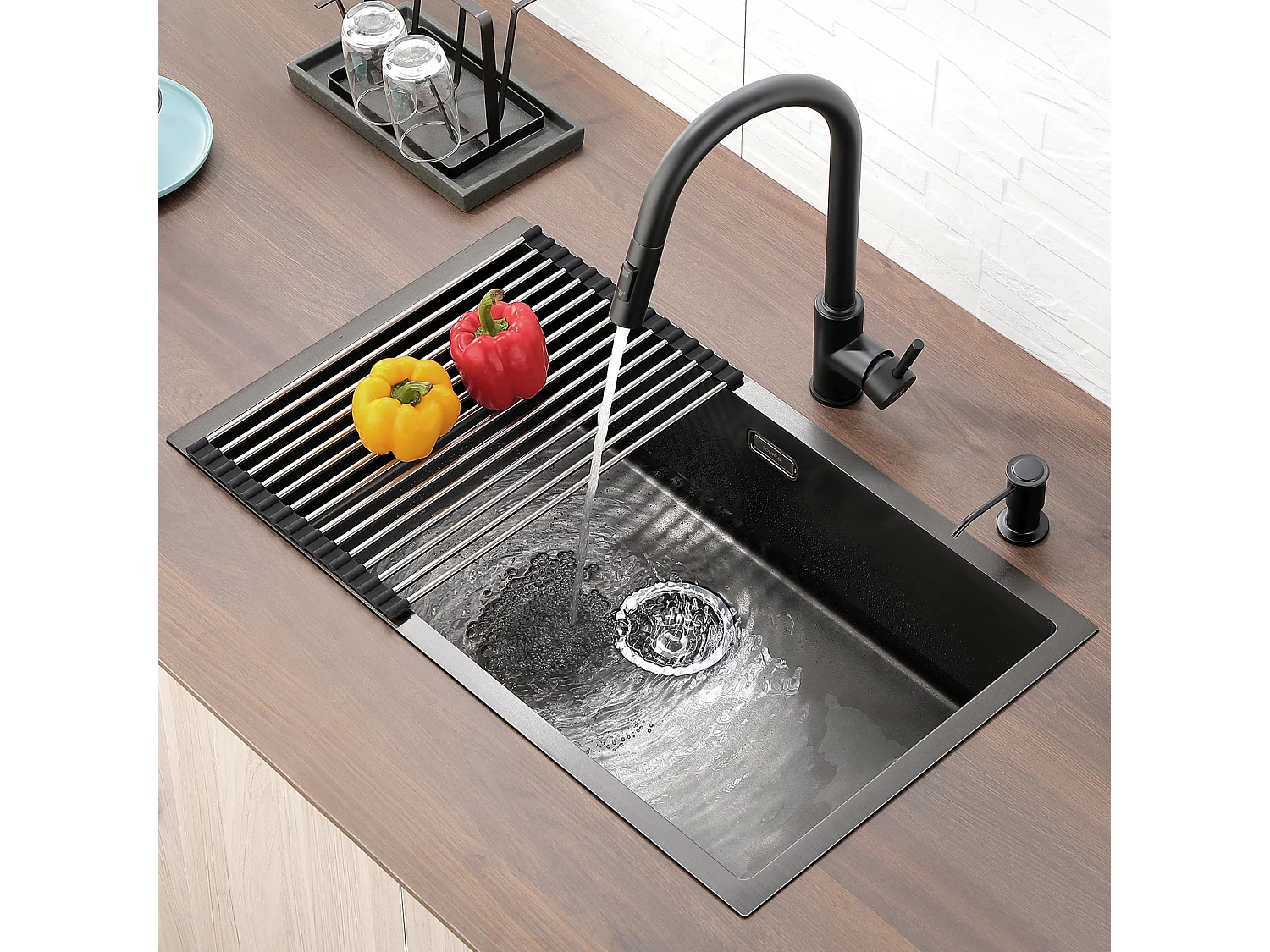 Fregadero Cocina 1 Bandeja 74*44*20CM,de Acero Inoxidable Cepillado con Sifón y Trop-Plein+Grifo CuiSine Cromado Girante 360° Agua Fría/Cálida