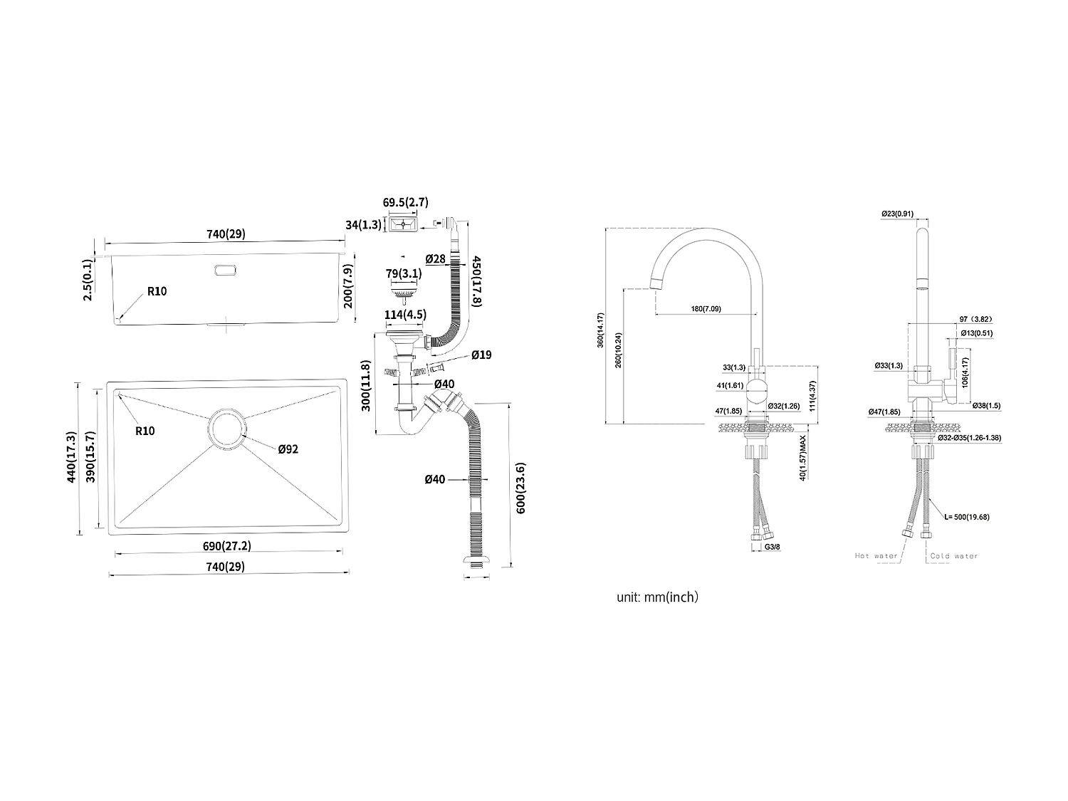 Évier Cuisine 1 Bac 74*44*20CM,en Inox Brossé avec Siphon et Trop-Plein+Robinet de Cuisine Chromé Pivotant à 360°  Eau Froide /Chaude