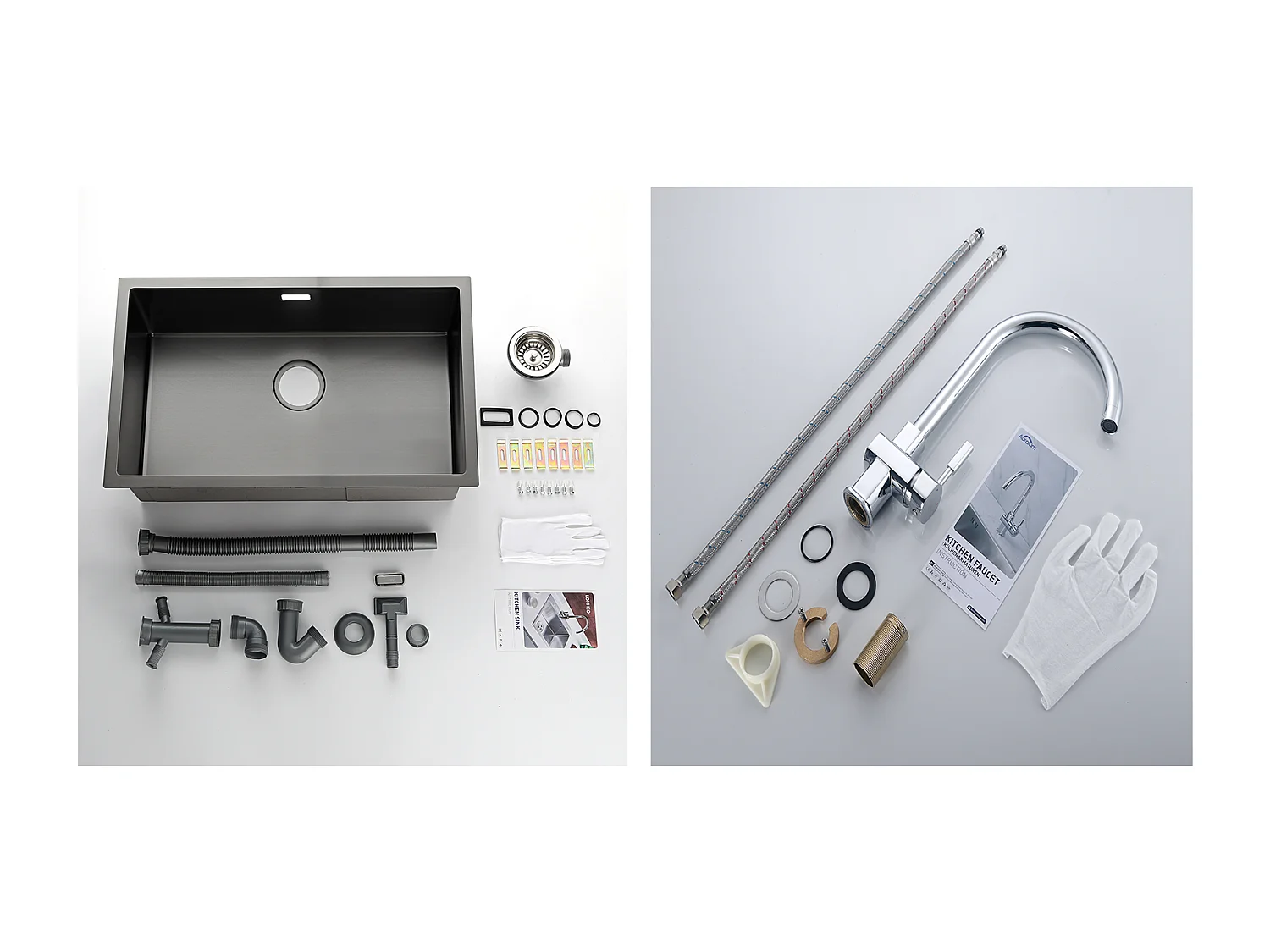 Évier Cuisine 1 Bac 74*44*20CM,en Inox Brossé avec Siphon et Trop-Plein+Robinet de Cuisine Chromé Pivotant à 360°  Eau Froide /Chaude