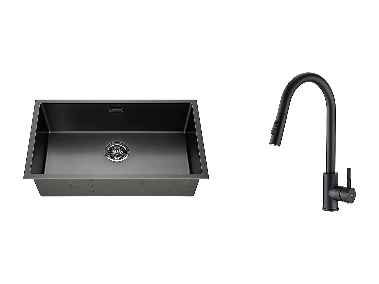 Évier Cuisine 1 Bac 74*44*20CM,en Inox Brossé avec Siphon et Trop-Plein +Robinet de Cuisine Noir,  Inox Extractible Rotatif à 360 °, 2 Fonction