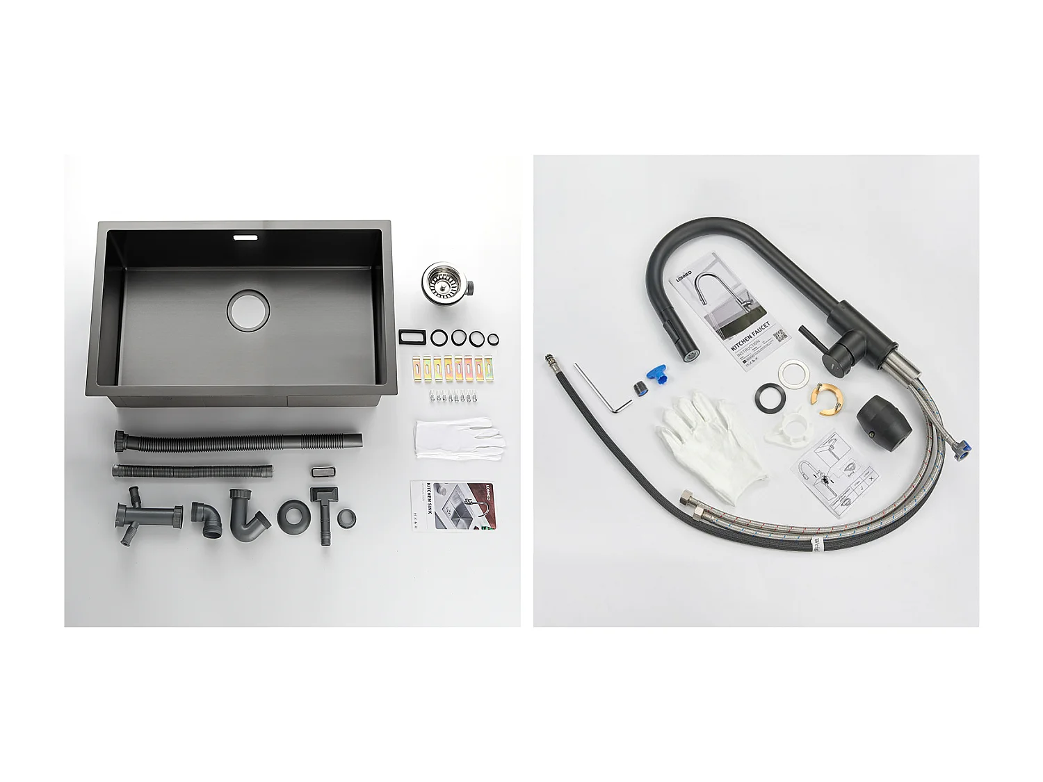 Évier Cuisine 1 Bac 74*44*20CM,en Inox Brossé avec Siphon et Trop-Plein +Robinet de Cuisine Noir,  Inox Extractible Rotatif à 360 °, 2 Fonction