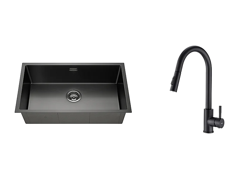 Fregadero Cocina 1 Bandeja 74*44*20CM,Inoxidable Cepillado con Sifón y Demasiado Lleno + Grifo de Cocina Negro,Inox Extraíble Giratorio 360 °