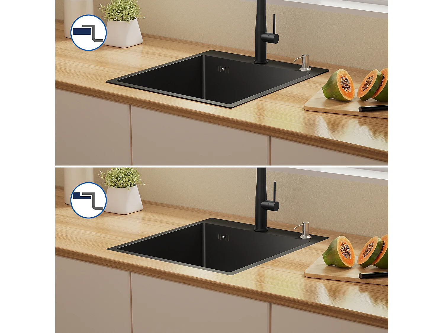 Évier de Cuisine 1 Bac Noir,Inox,44*49*20 CM,avec Distributeur de Savon+Robinet de Cuisine Noir,Inox Extractible Rotatif à 360 °, 2 Fonctions