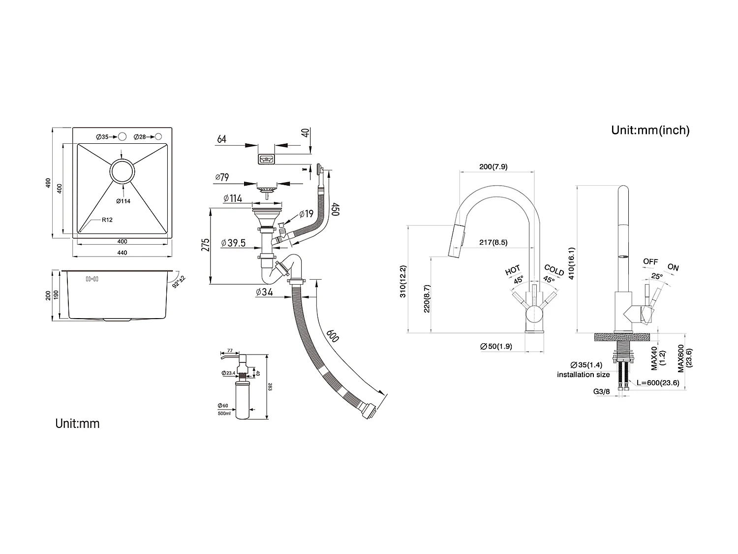 Évier de Cuisine 1 Bac Noir,Inox,44*49*20 CM,avec Distributeur de Savon+Robinet de Cuisine Noir,Inox Extractible Rotatif à 360 °, 2 Fonctions