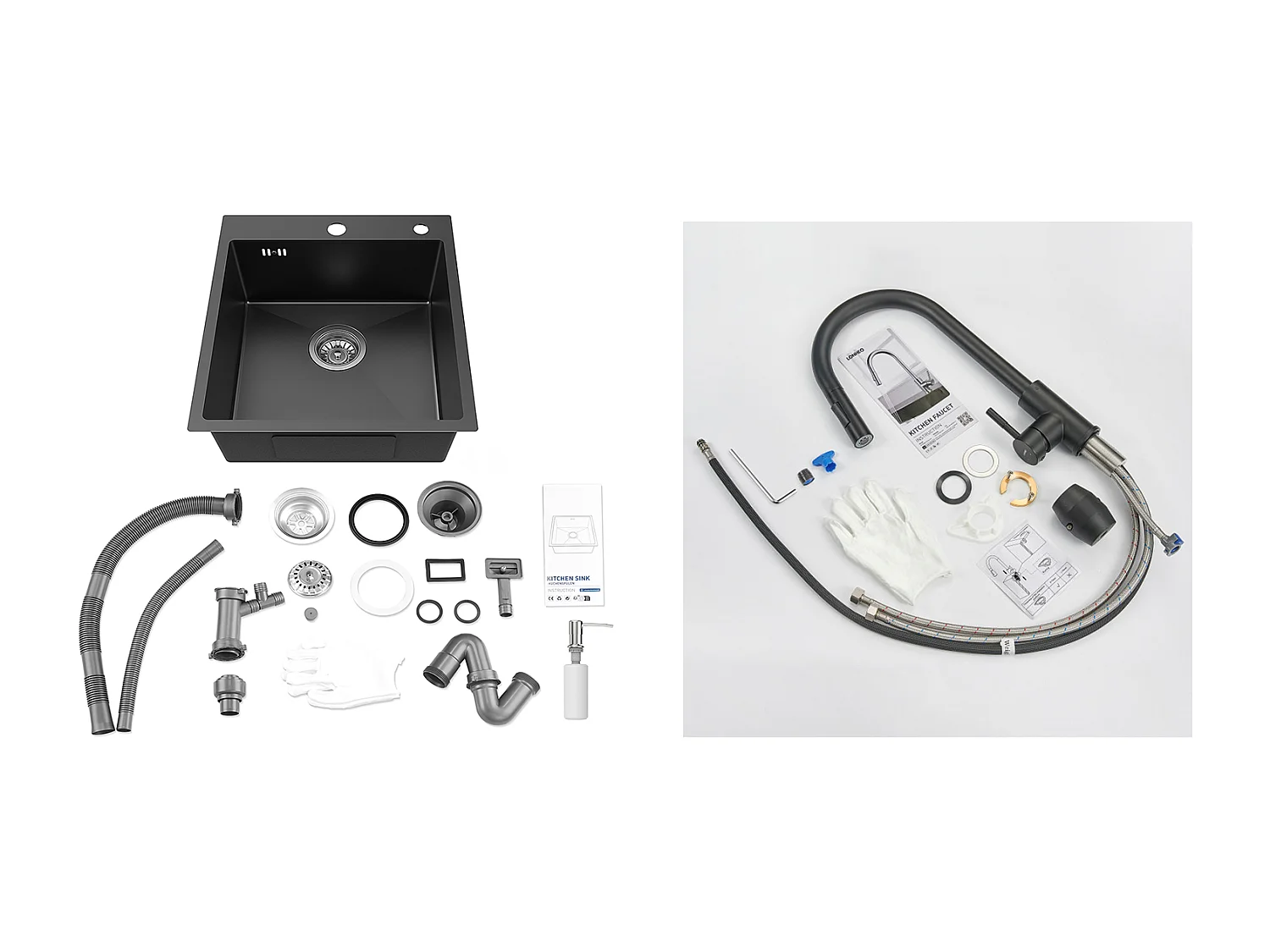 Évier de Cuisine 1 Bac Noir,Inox,44*49*20 CM,avec Distributeur de Savon+Robinet de Cuisine Noir,Inox Extractible Rotatif à 360 °, 2 Fonctions