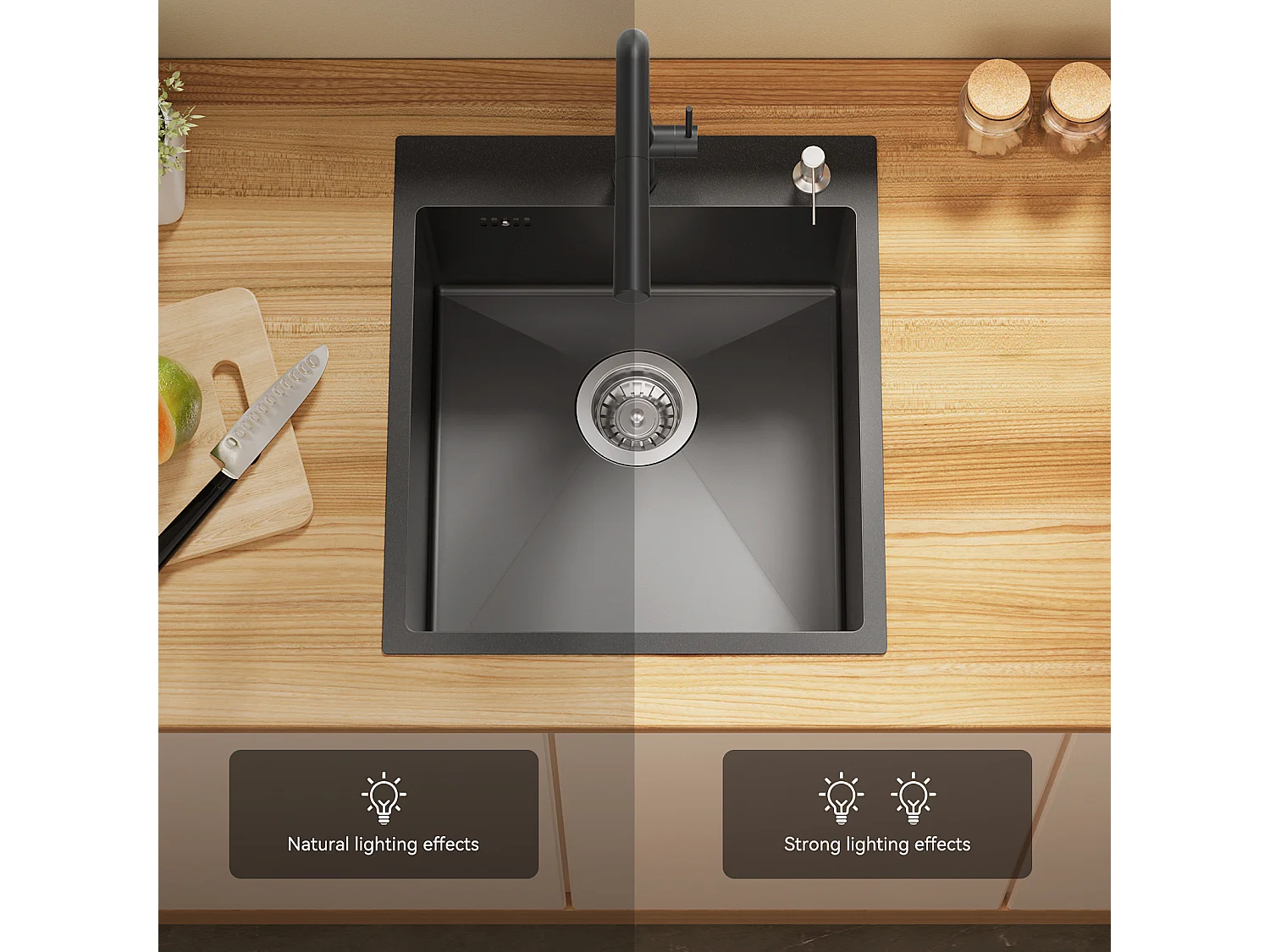 Évier de Cuisine 1 Bac Noir,Inox,44*49*20 CM,avec Distributeur de Savon+Robinet de Cuisine Noir,Inox Extractible Rotatif à 360 °, 2 Fonctions