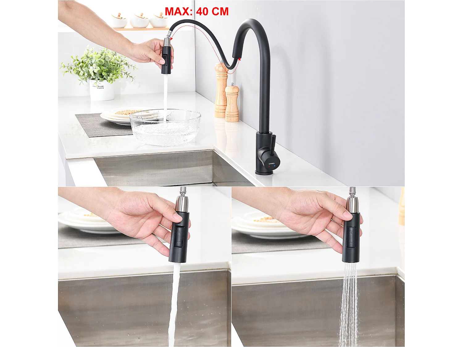 Évier de Cuisine 1 Bac Noir,Inox,44*49*20 CM,avec Distributeur de Savon+Robinet de Cuisine Noir,Inox Extractible Rotatif à 360 °, 2 Fonctions