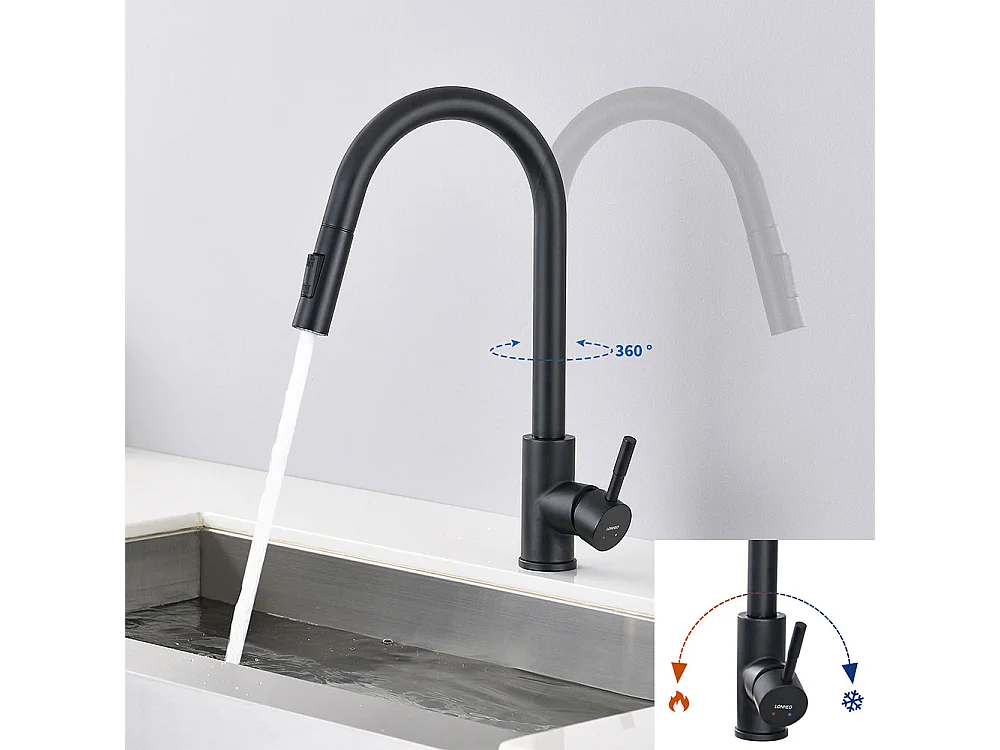 Évier de Cuisine 1 Bac Noir,Inox,44*49*20 CM,avec Distributeur de Savon+Robinet de Cuisine Noir,Inox Extractible Rotatif à 360 °, 2 Fonctions