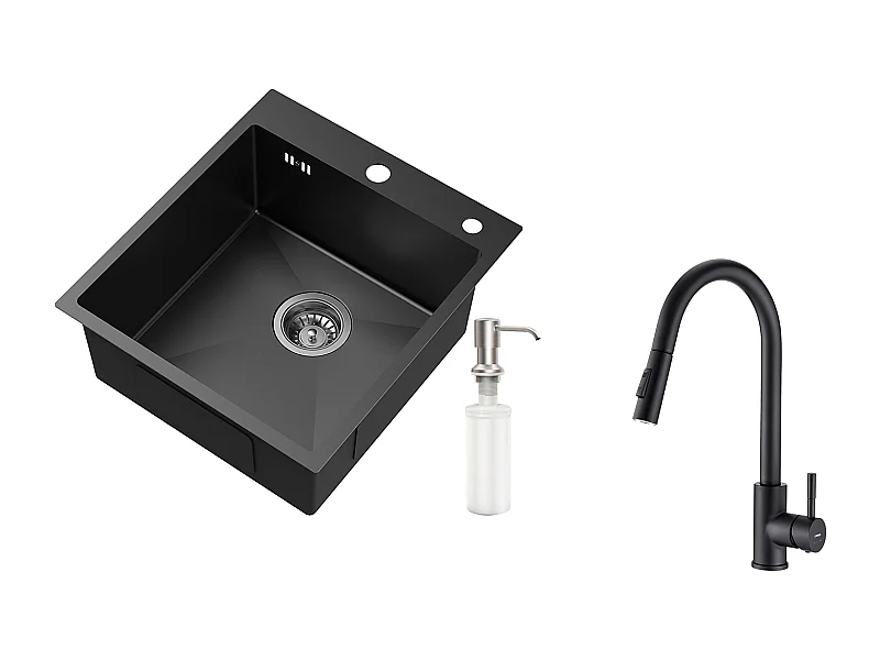 Évier de Cuisine 1 Bac Noir,Inox,44*49*20 CM,avec Distributeur de Savon+Robinet de Cuisine Noir,Inox Extractible Rotatif à 360 °, 2 Fonctions