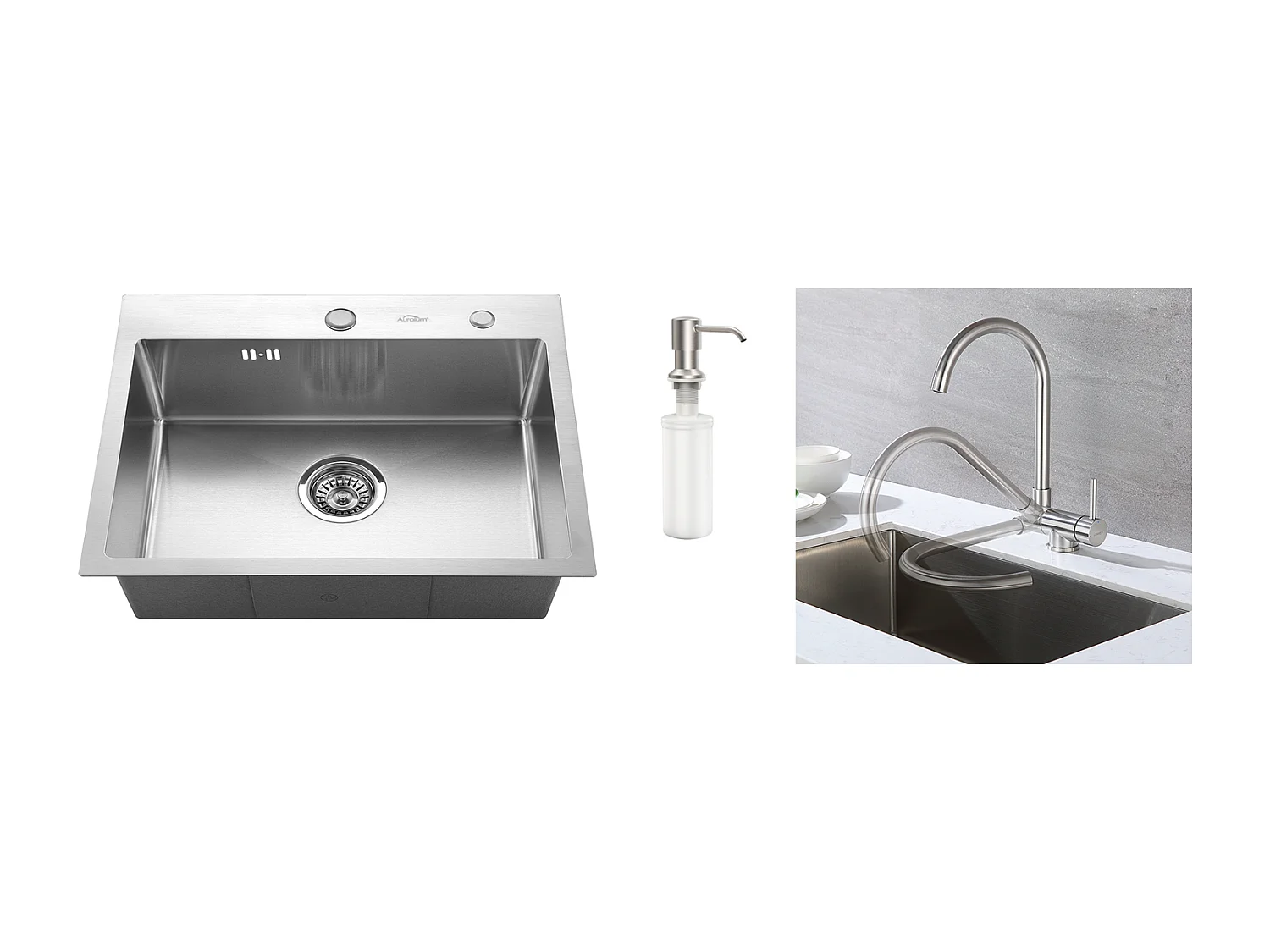 AuraLum Max Évier Cuisine 1 Bac 55*45CM Évier Encastré/à Poser avec Distributeur Savon+Mitigeur Cuisine en Acier Inox 304 Rabattable Pivotant 360°