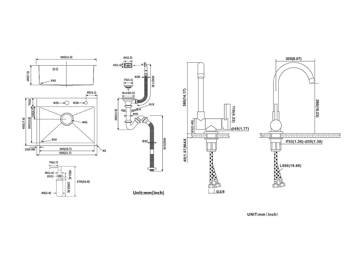 AuraLum Max Évier Cuisine 1 Bac 55*45CM Évier Encastré/à Poser avec Distributeur Savon+Mitigeur Cuisine en Acier Inox 304 Rabattable Pivotant 360°