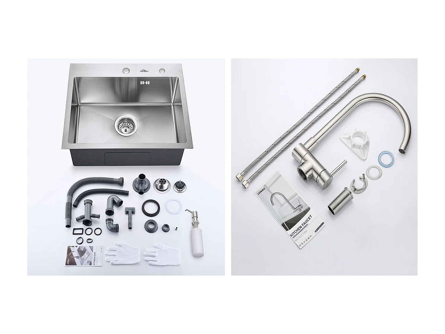 AuraLum Max Évier Cuisine 1 Bac 55*45CM Évier Encastré/à Poser avec Distributeur Savon+Mitigeur Cuisine en Acier Inox 304 Rabattable Pivotant 360°