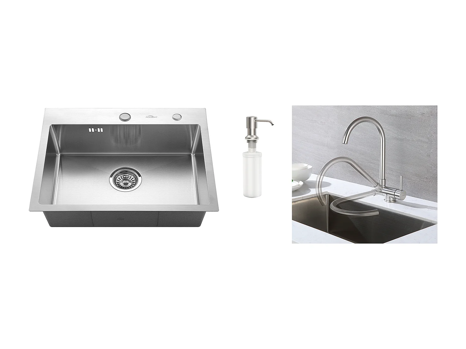 AuraLum Max Fregadero cocina 1 Bandeja 55*45CM con dispensador  jabón+Mezclador Cocina de acero inoxidable 304 Plegable Giratorio a 360°,Modelo UE