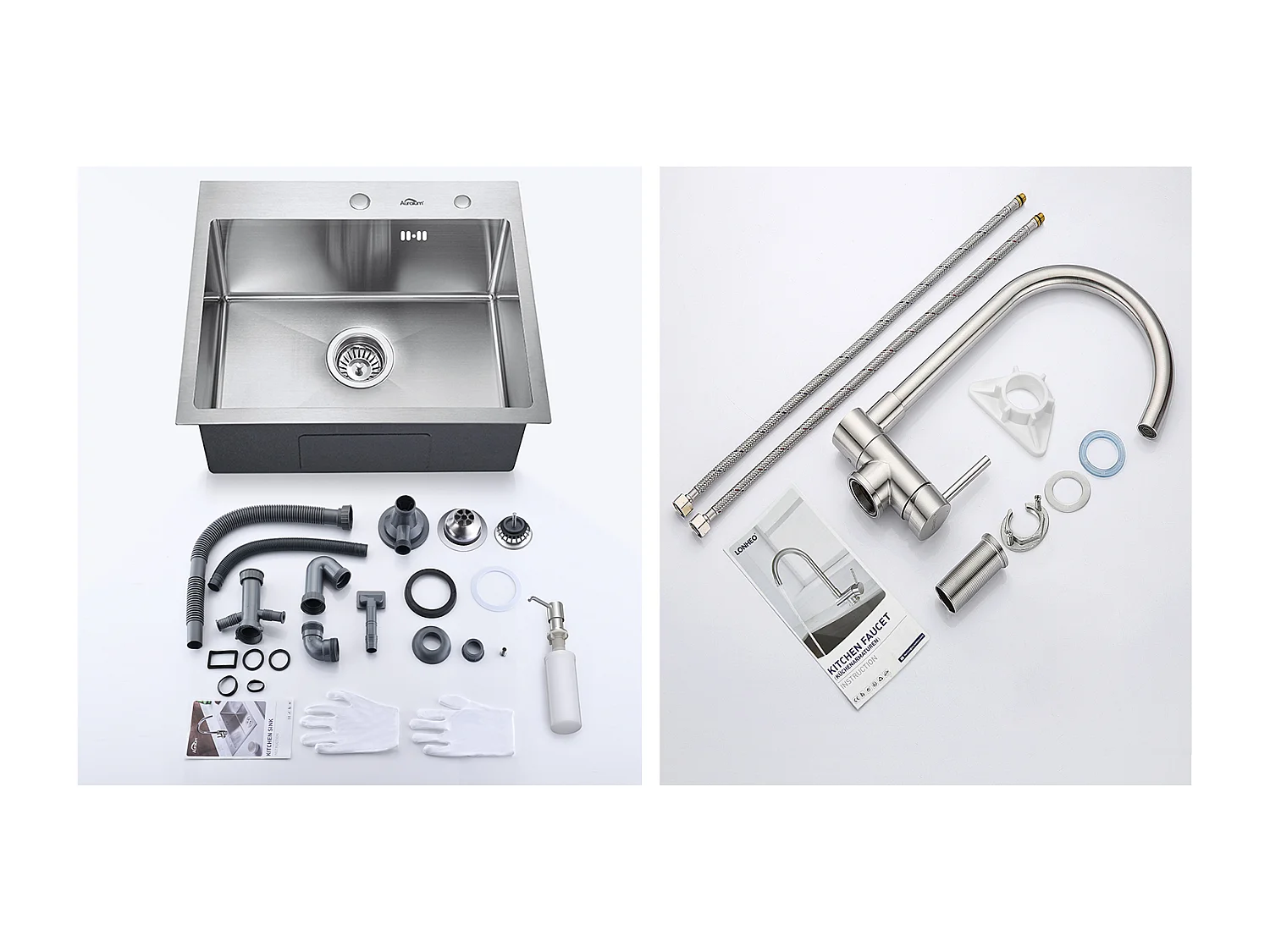 AuraLum Max Fregadero cocina 1 Bandeja 55*45CM con dispensador  jabón+Mezclador Cocina de acero inoxidable 304 Plegable Giratorio a 360°,Modelo UE