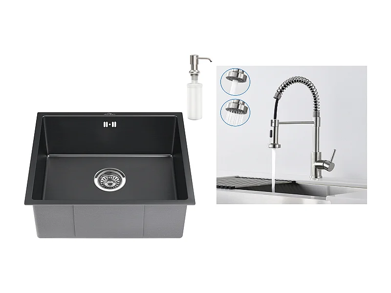 Schwarze Spüle 1 Becken 50x43x18,5CM, Edelstahl, mit Seifenspender + 360° drehbarem ausziehbarem Edelstahl-Küchenhahn