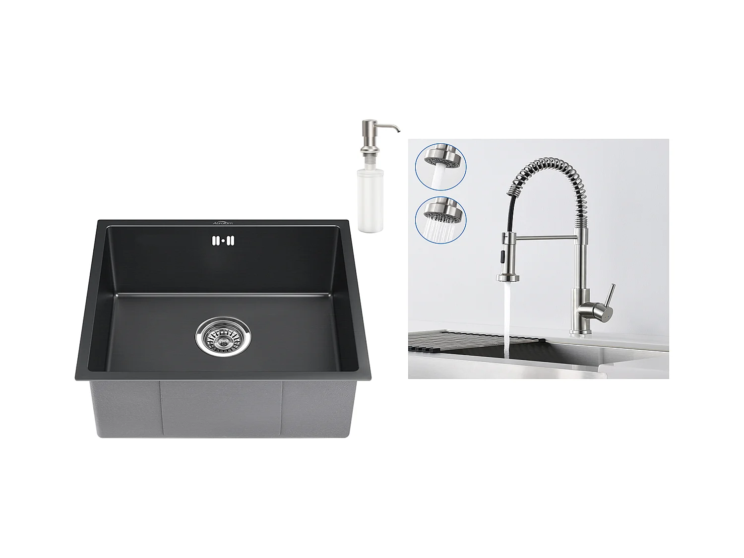 Évier Noir 1 Bac 50x43x18,5CM,Acier Inoxydable, avec Distrubuteur de savon + Robinet de Cuisine Inox Extractible Rotatif à 360 °