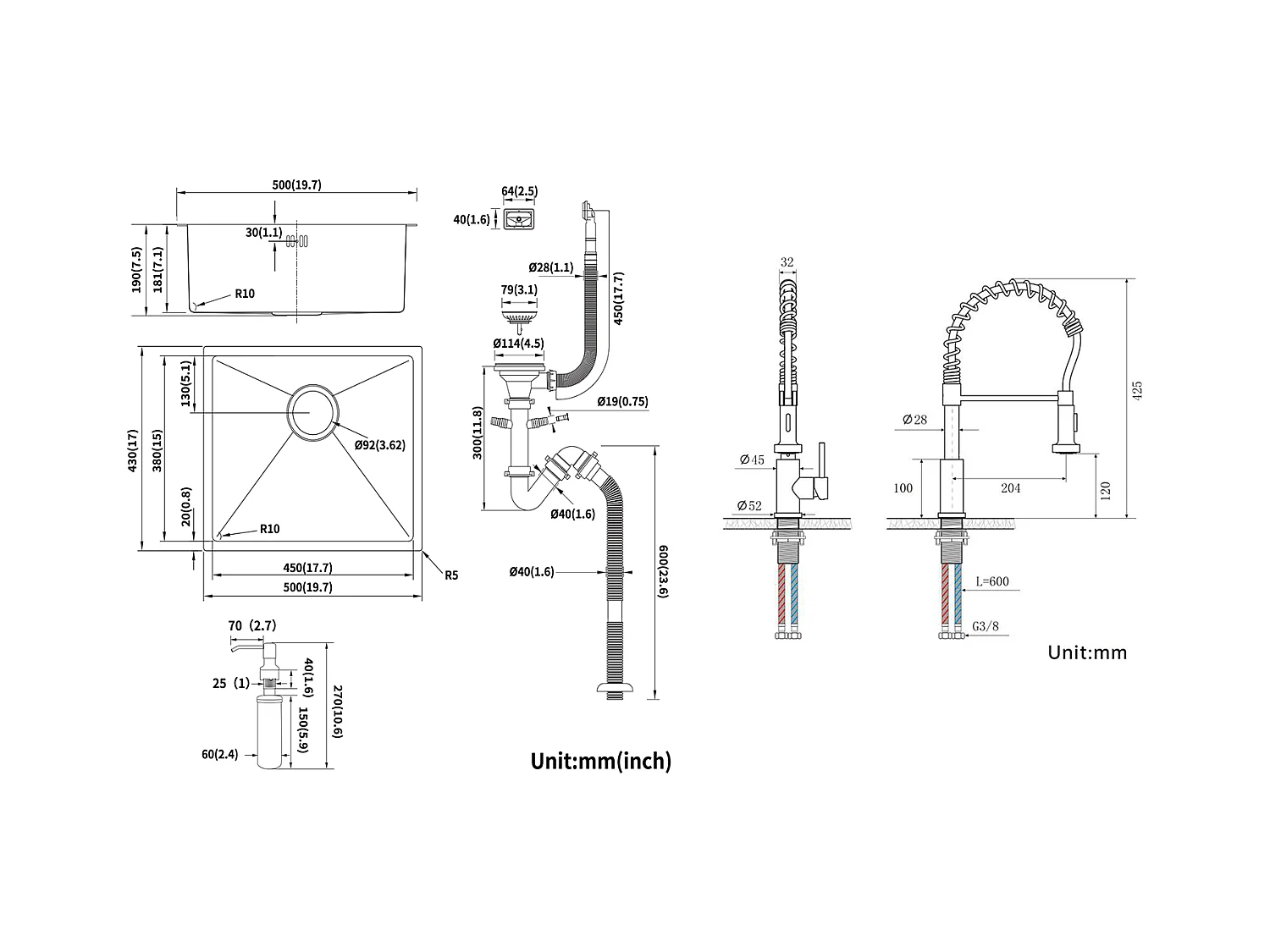 Zwarte Wastafel 1 Bak 50x43x18,5CM, Roestvrij Staal, met Zeep Distrubutor + C KraanUisine Roestvrij Staal Uittrekbaar 360 ° Draaibaar
