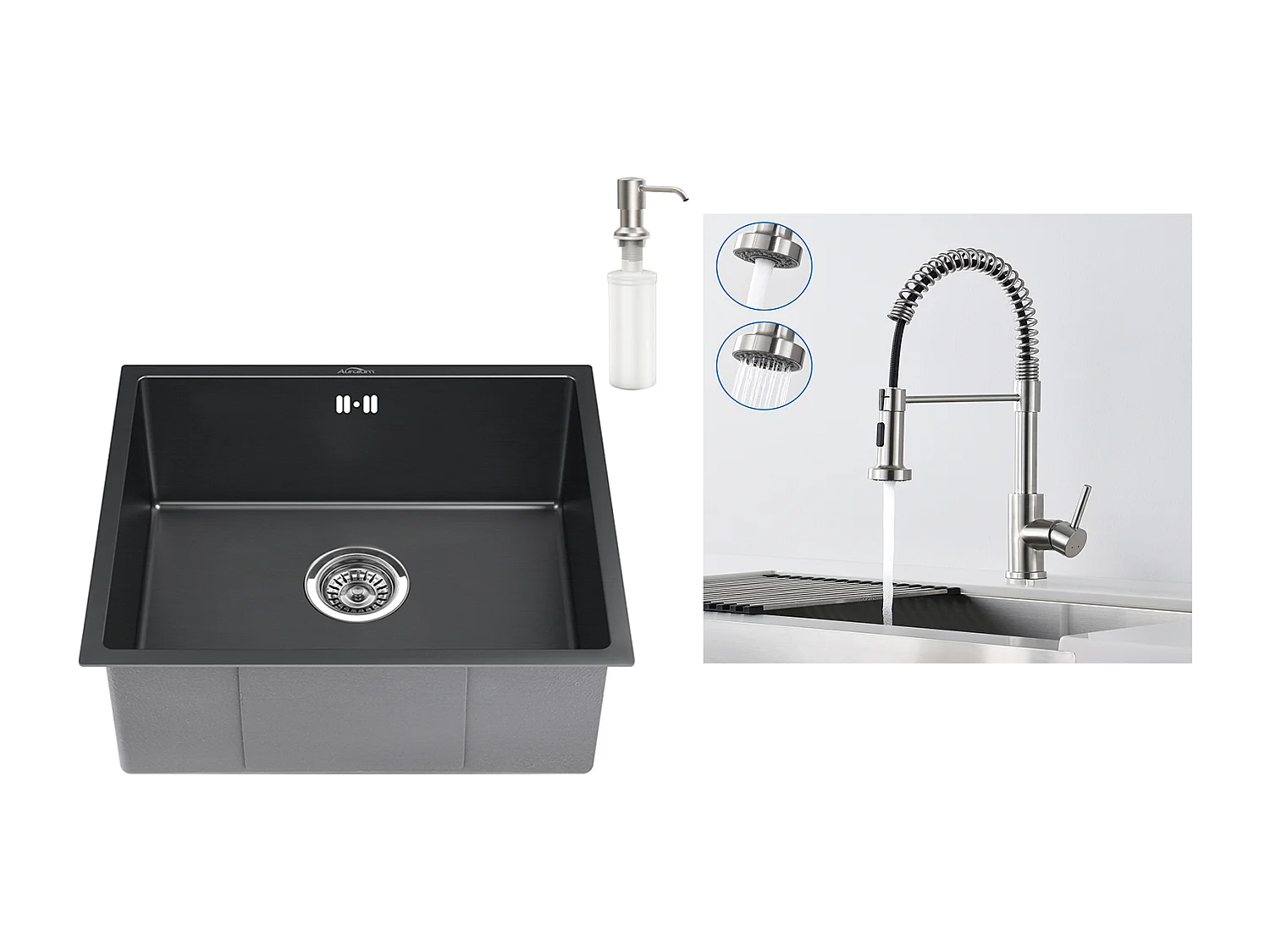 Évier Noir 1 Bac 50x43x18,5CM,Acier Inoxydable, avec Distrubuteur de savon + Robinet de Cuisine Inox Extractible Rotatif à 360 ° 