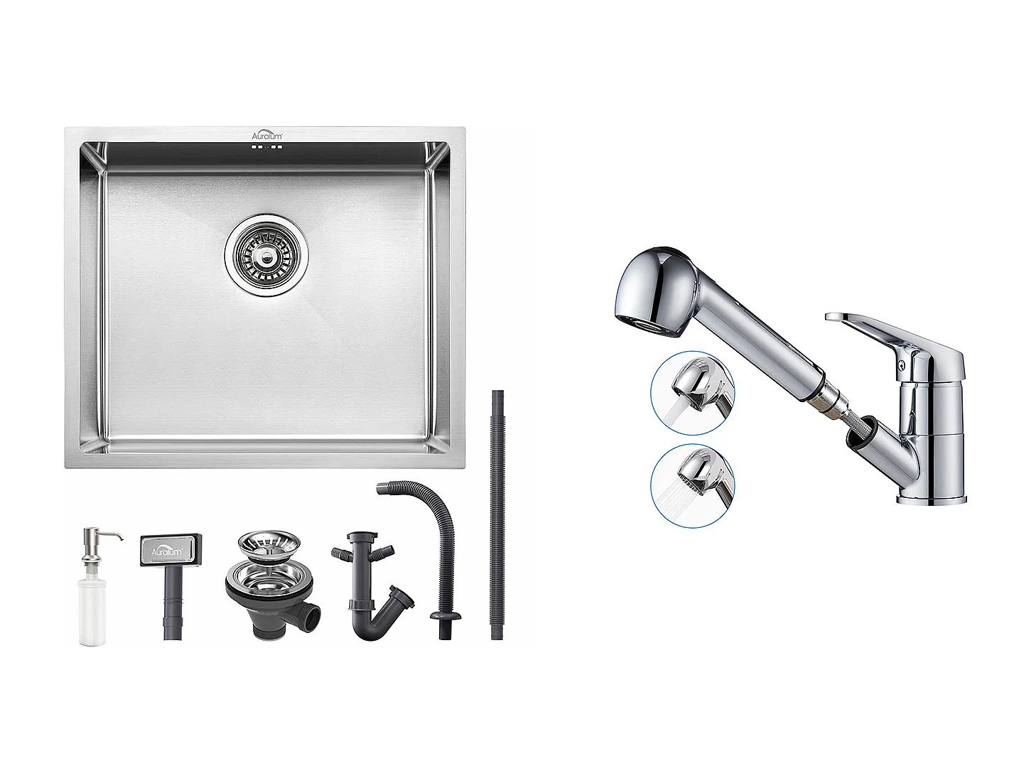 Évier  Cuisine Inox 1 Bac 50*43*18CM avec Distributeur Savon+Mitigeur Cuisine avec Douchette Extractible Rotatif 360° Eau Froide/Chaude,Chromé