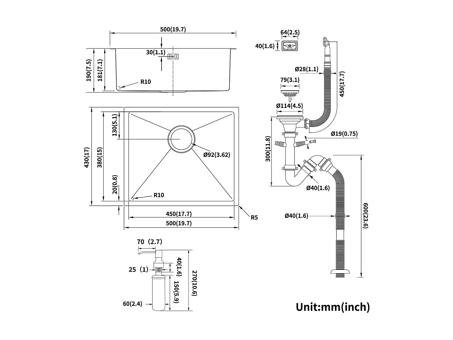 Évier  Cuisine Inox 1 Bac 50*43*18CM avec Distributeur Savon+Mitigeur Cuisine avec Douchette Extractible Rotatif 360° Eau Froide/Chaude,Chromé
