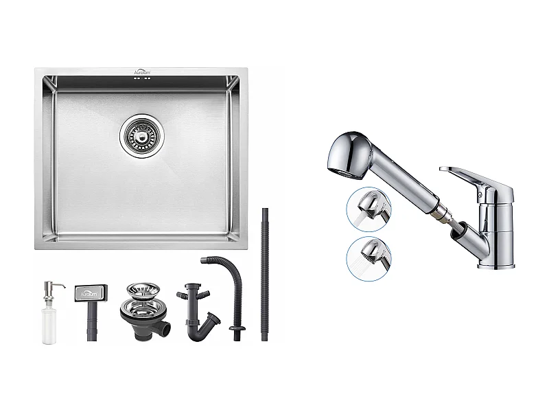 Évier  Cuisine Inox 1 Bac 50*43*18CM avec Distributeur Savon+Mitigeur Cuisine avec Douchette Extractible Rotatif 360° Eau Froide/Chaude,Chromé