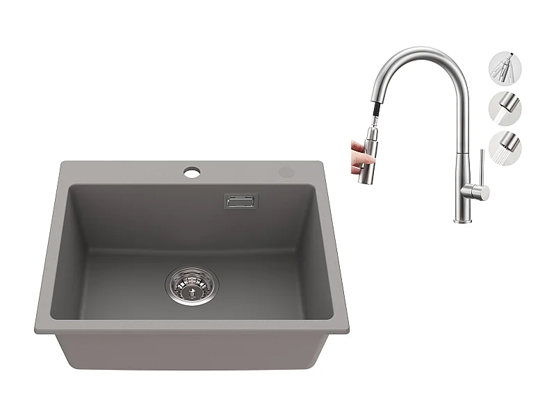 1 Bac Évier Cuisine en Granit,55*45*20cm,Kit de Vidage,Gris+Robinet Cuisine avec Douchette Extractible,2 Modes Jets ,Brossé