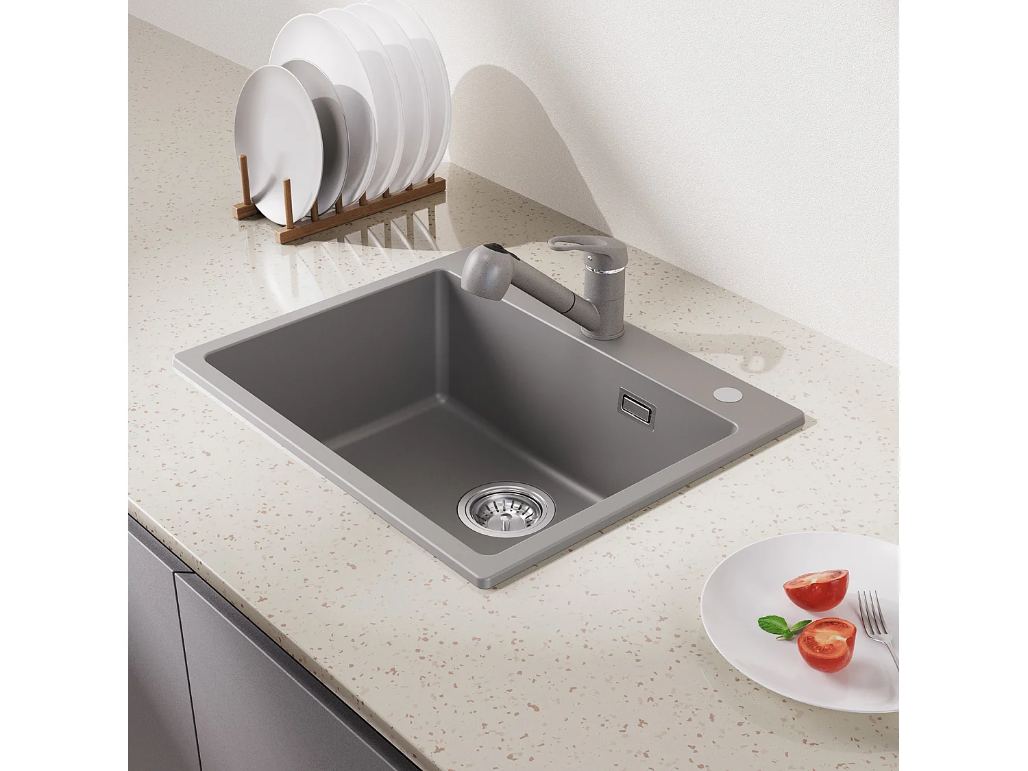 1 Bac Évier Cuisine en Granit,55*45*20cm,Kit de Vidage,Gris+Robinet Cuisine avec Douchette Extractible,2 Modes Jets ,Brossé