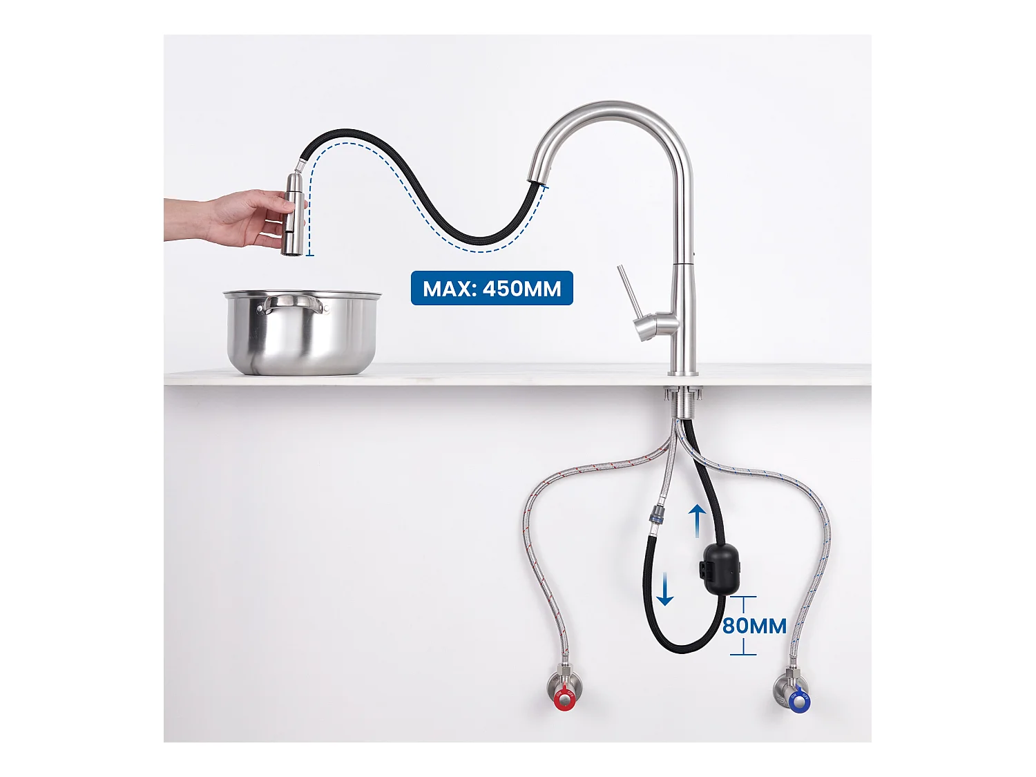 1 Bac Évier Cuisine en Granit,55*45*20cm,Kit de Vidage,Gris+Robinet Cuisine avec Douchette Extractible,2 Modes Jets ,Brossé