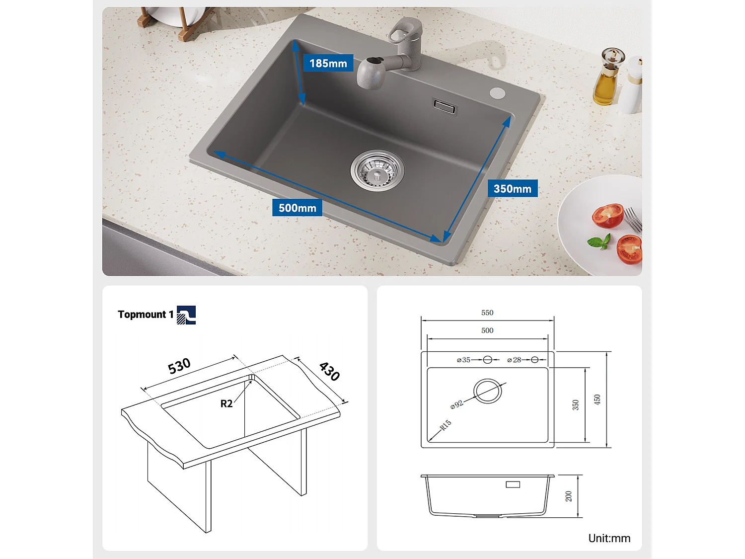 1 Bac Évier Cuisine en Granit,55*45*20cm,Kit de Vidage,Gris+Robinet Cuisine avec Douchette Extractible,2 Modes Jets ,Brossé