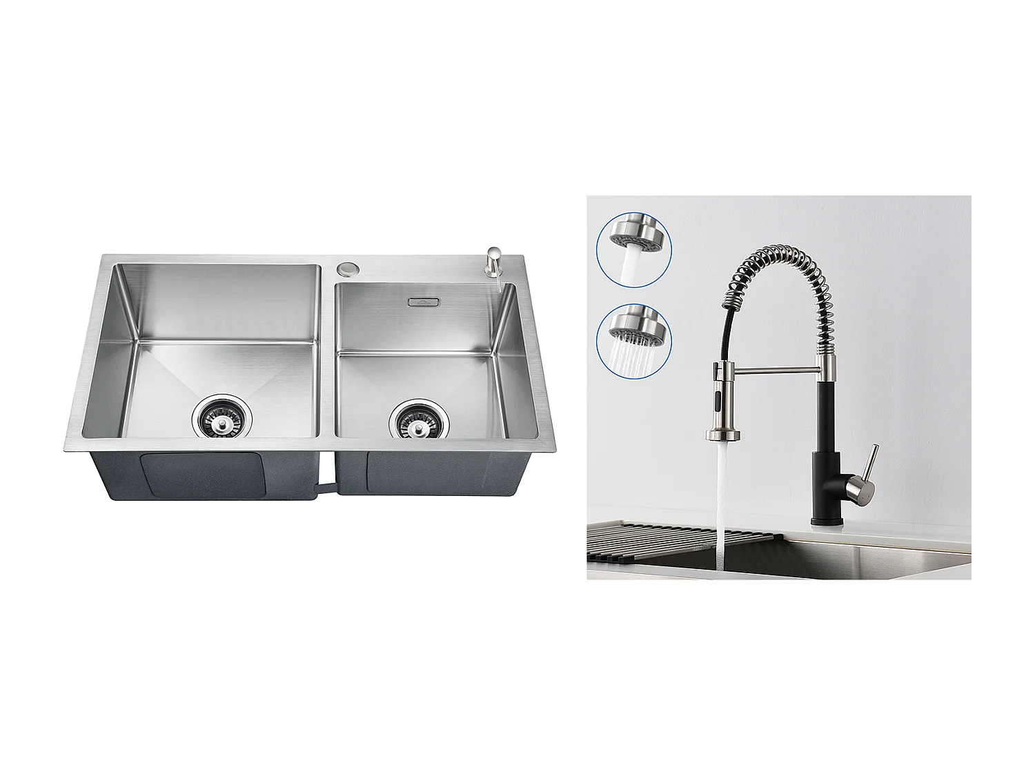 2-in-1-Küchenspüle, 2 Becken, 75 x 45 x 19 cm, Einbau-/Aufsatzspüle mit Seifenspender + Küchenarmatur mit ausziehbarem Sprüher, 2 Modi, schwarz