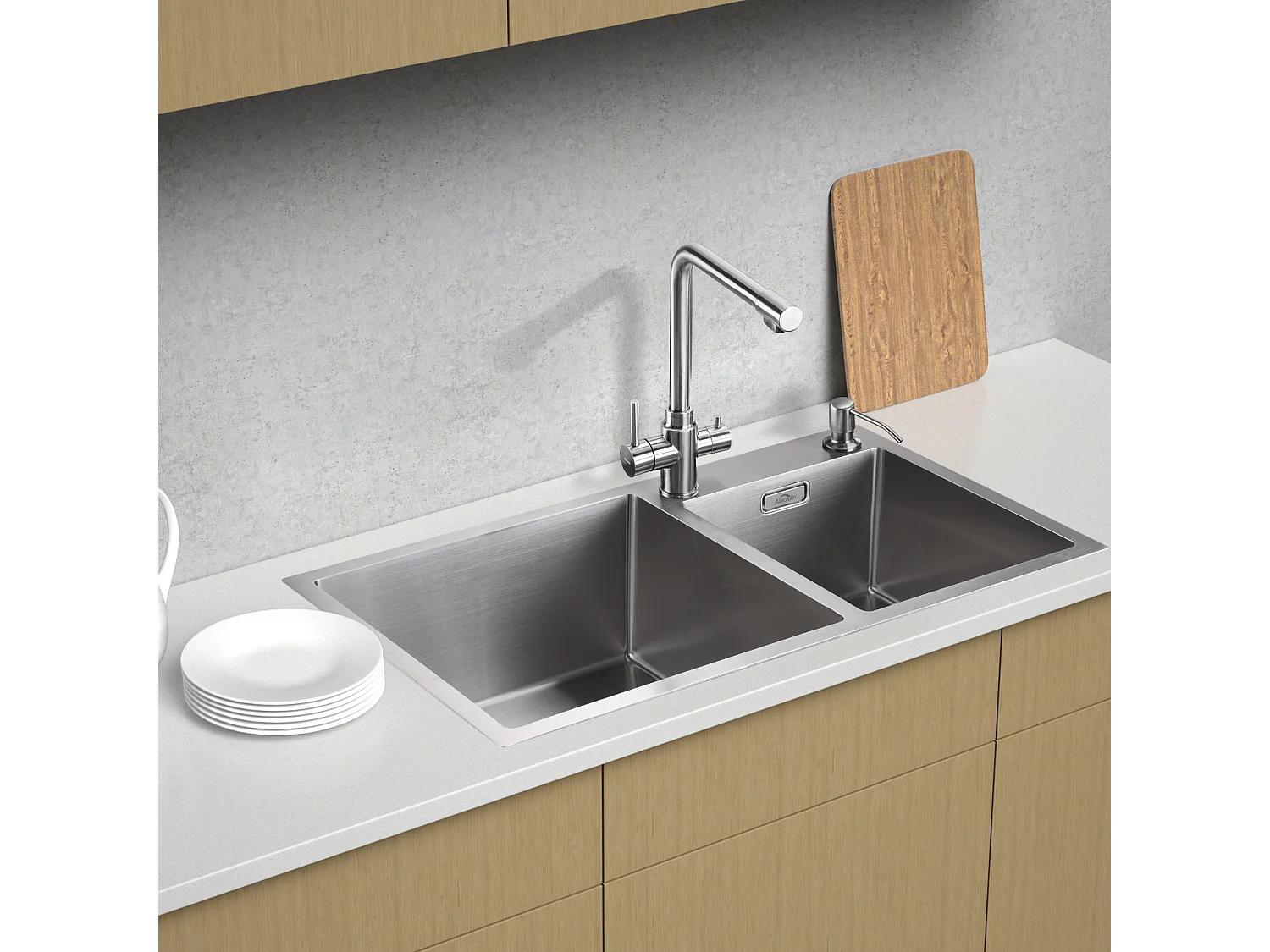 2-in-1-Küchenspüle, 2 Becken, 75 x 45 x 19 cm, Einbau-/Aufsatzspüle mit Seifenspender + Küchenarmatur mit ausziehbarem Sprüher, 2 Modi, schwarz