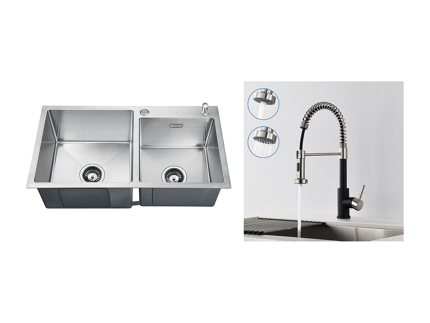 2 en 1 Évier de Cuisine 2 Bac 75x45x19cm,Encastré/ à Poser avec Distributeur de Savon+Robinet Cuisine avec Douchette Extensible,2 Modes,Noir