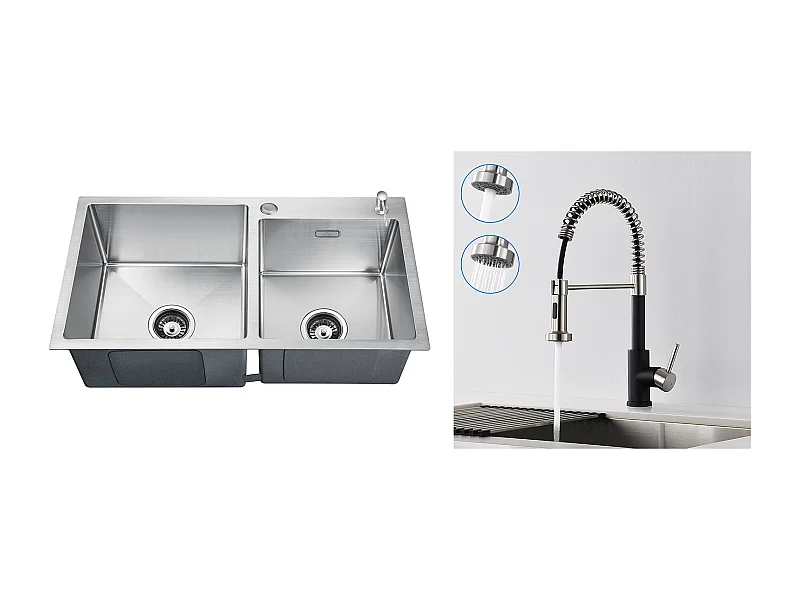 2 en 1 Évier de Cuisine 2 Bac 75x45x19cm,Encastré/ à Poser avec Distributeur de Savon+Robinet Cuisine avec Douchette Extensible,2 Modes,Noir