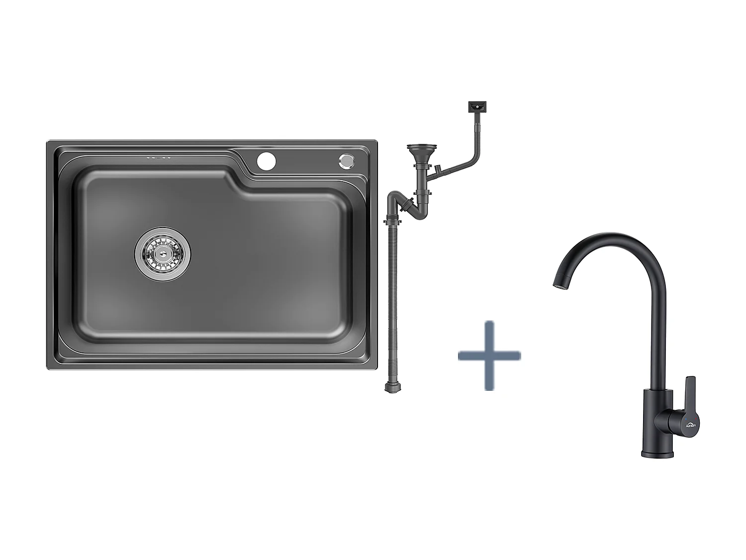 Auralum Max Évier Cuisine 1 Bac 62*45*21CM,en Inox PVD Nano Vasque à Poser,Noir+Mitigeur Cuisine Pivotant à 360°,Barboteur Démontable,Noir