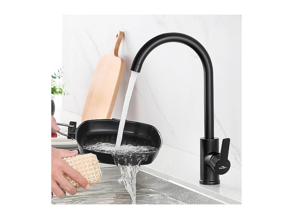 Auralum Max Évier Cuisine 1 Bac 62*45*21CM,en Inox PVD Nano Vasque à Poser,Noir+Mitigeur Cuisine Pivotant à 360°,Barboteur Démontable,Noir